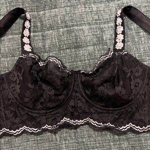 Victoria's Secret Black Lace Underwire Bra with Pink Floral Trim